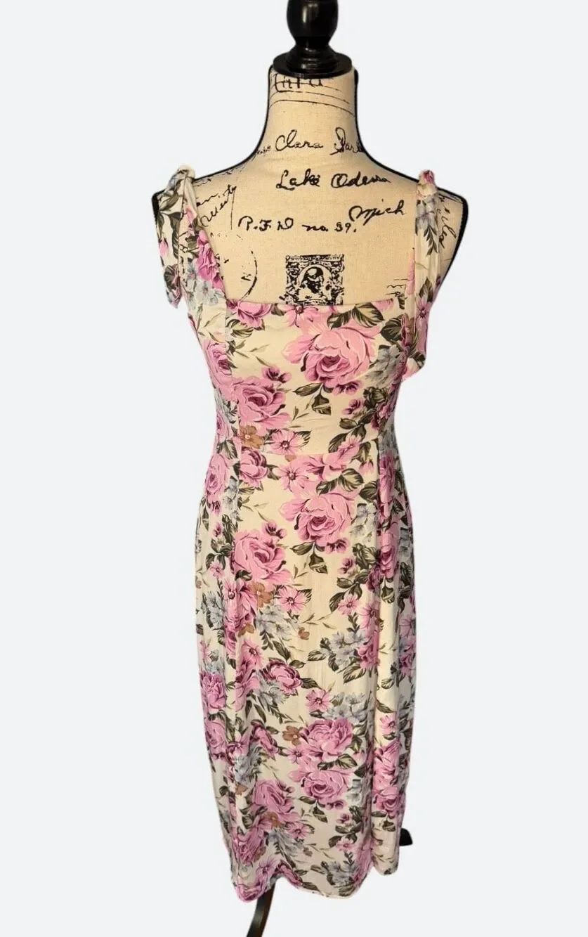 Saltwater Luxe Floral Midi Sundress Tie Shoulder Smocked Back Pink Cream Small